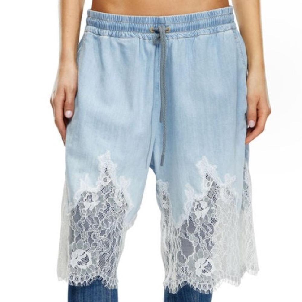 Diesel Light Blue Denim Shorts with White Lace Trim - Picture 2 of 6